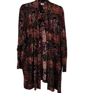 Slinky Brand Womens 3X Burgundy Paisley Floral Gold Metallic Longline Cardigan